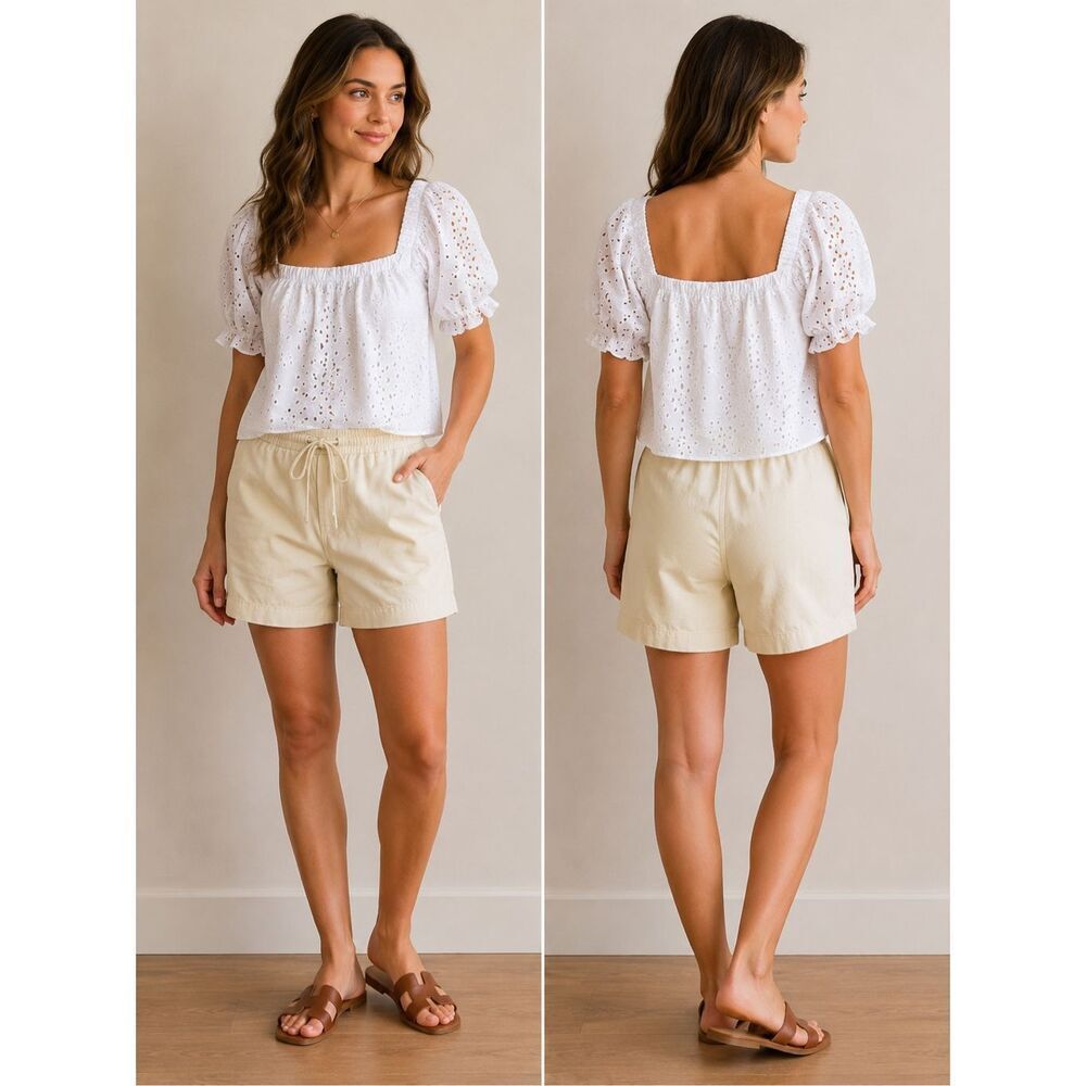 1.State White Eyelet Embroidered Puff Sleeve Blouse Top Women’s Size Large